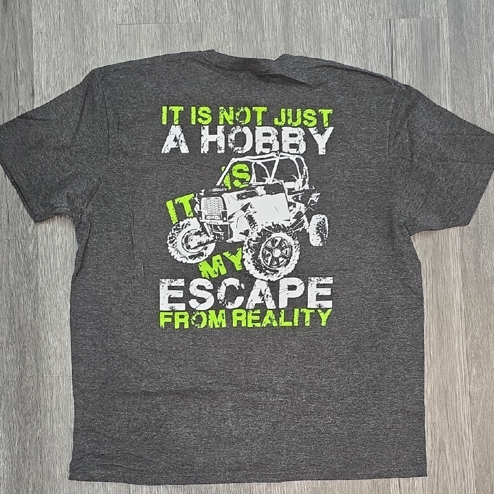 CUSTOM RAZR - Gray Graphic Tee with Off-Road Print. Like New Without Tags. XL